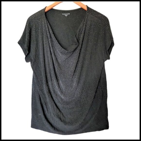 Eileen Fisher Beaded Charcoal Black Cowl Neck Top Tee size M Medium - Picture 1 of 10